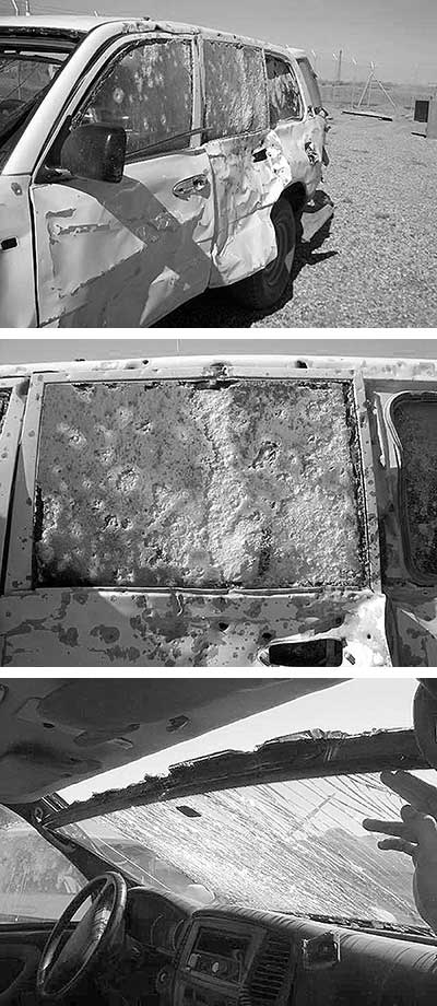 This series of photographs shows how armoured cars save lives. It looks like the armour only just coped with  the trauma, and you can see that the windscreen was almost blown out. All occupants survived the attack. Without the armour the occupants of this car would have died instantly.
